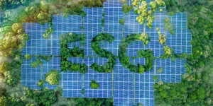 Paneles solares con letras ESG rodeadas de árboles, representan estrategias de sustentabilidad en entornos naturales.