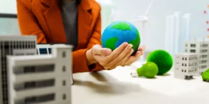 Una persona sostiene un globo terráqueo en sus manos, transmitiendo el compromiso ambiental que se vuelve esencial al comprender las medallas y distintivos de EcoVadis.