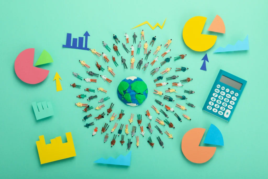 Una representación visual de personas y gráficos rodeando al planeta sugiere el enfoque global que implica implementar objetivos basados en ciencia como los de la iniciativa SBTI.