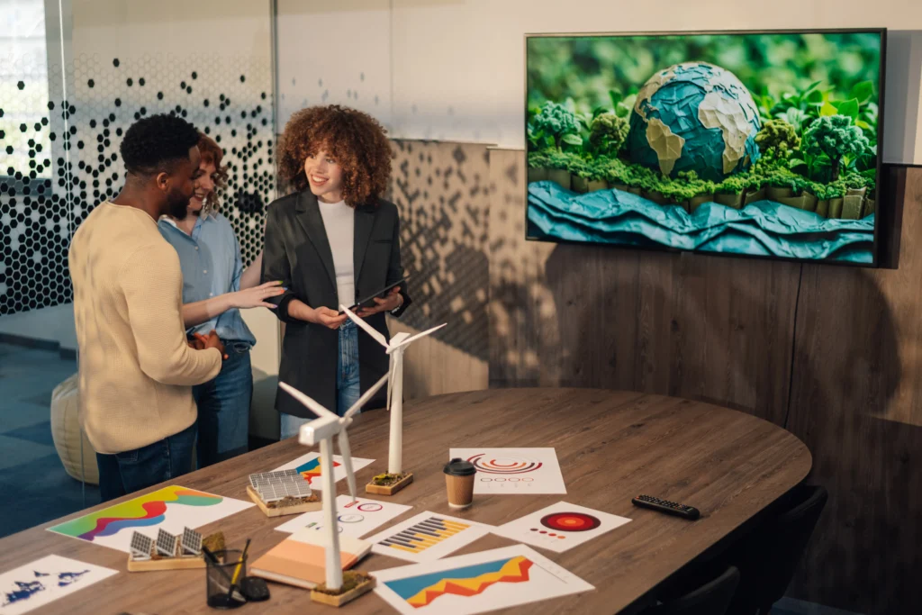 Un grupo de personas dialoga frente a una maqueta de energía renovable, mientras en pantalla se muestra el planeta, en un contexto relacionado con los lineamientos de la SBTI.