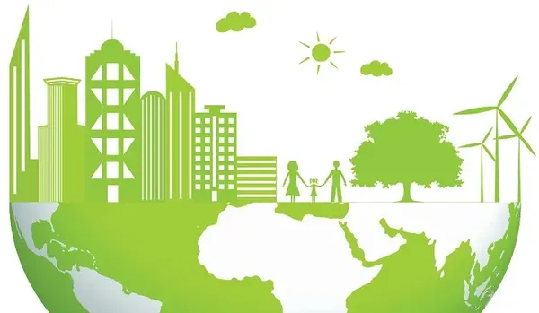 Paisaje urbano y natural con edificios, árboles y una familia caminando, representando la importancia de un reporte de sustentabilidad para equilibrar el desarrollo y el medio ambiente.