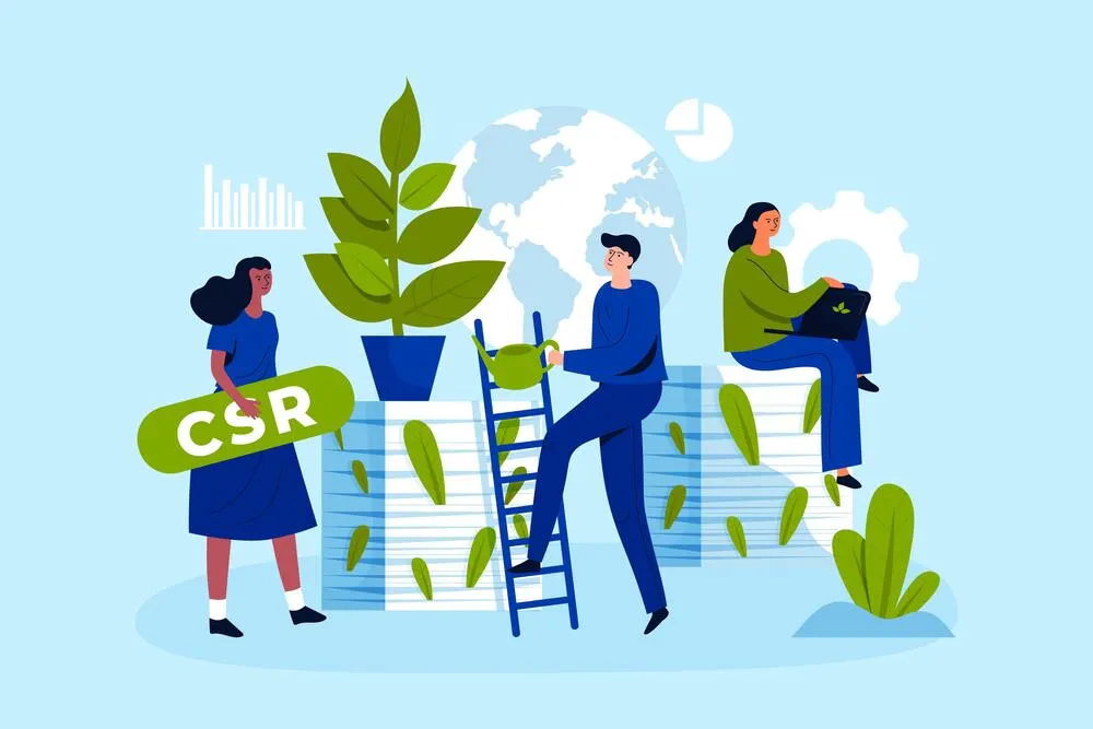 Personas colaboran alrededor de plantas y un letrero con las siglas CSR, representando la evolución de la responsabilidad social hacia un modelo basado en valor compartido.