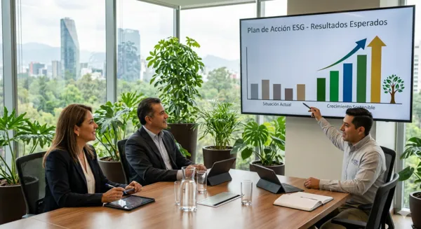 Vista general de una sala de juntas en donde se puede ver un directivo con un asesor haciendo revisión de crecimiento.