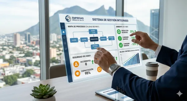 Primer plano de un tablero digital en donde las manos hace un acercamiento sobre los sistemas de gestión de la empresa.