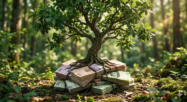 Vista general de un árbol en donde se pueden ver las raíces con muchos billetes.