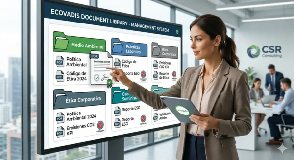Profesional de sostenibilidad organizando una biblioteca de documentos digitales para la evaluación EcoVadis en una pantalla interactiva, clasificando políticas y KPI por categorías de sostenibilidad.