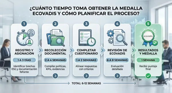 Infografía que ilustra el cronograma completo del proceso de evaluación de EcoVadis, mostrando las etapas desde la recolección documental hasta la entrega de resultados y la medalla.