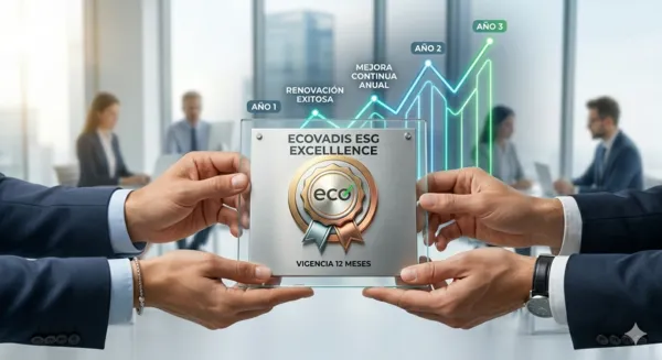 Dos personas sosteniendo una medalla conceptual de EcoVadis con un gráfico de mejora continua de fondo, simbolizando la vigencia anual y la necesidad de renovar la evaluación anualmente.