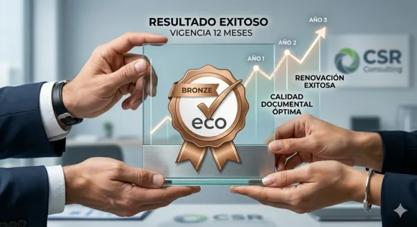 Dos manos profesionales sosteniendo una medalla EcoVadis conceptual con un gráfico ascendente de mejora continua detrás, simbolizando el éxito comercial gracias a una documentación de alta calidad.